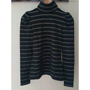 Veronica Beard Cedar Puff Sleeve Turtleneck Top Size Small Black Metallic Stripe